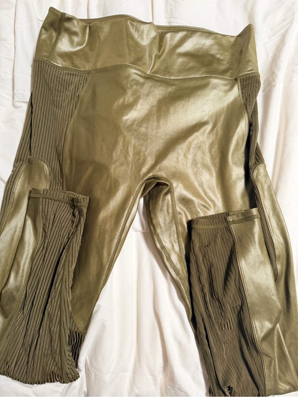 Fabletics Olive Faux Leather Leggings with Ribbed Side Panels
